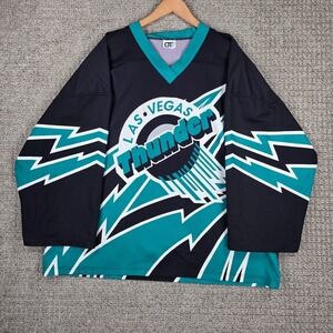 Vintage Las‎ Vegas Thunder OT Sports Hockey Jersey Mens Black Teal Lightning 2XL